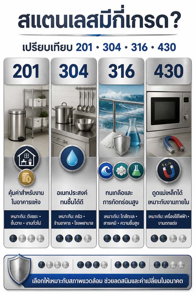 อินโฟกราฟิกเปรียบเทียบสแตนเลสเกรด 201, 304, 316 และ 430 โดยสรุปความทนทานต่อการกัดกร่อนและงานที่เหมาะสม ได้แก่ งานภายในแห้ง งานครัวและพื้นที่ชื้น งานใกล้ทะเลหรือสัมผัสสารเคมี และงานภายในที่ต้องการวัสดุดูดแม่เหล็กได้
