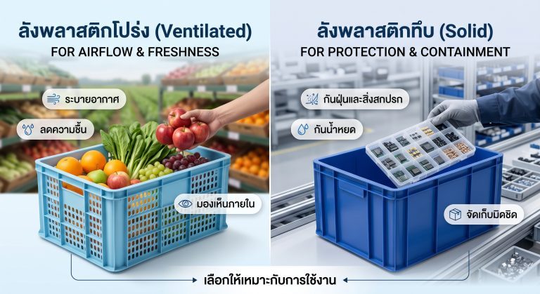 อินโฟกราฟิกเปรียบเทียบลังพลาสติก 2 ประเภท: ด้านซ้ายคือลังโปร่ง (Ventilated) บรรจุผลไม้และผักสด แสดงข้อดีเรื่อง "ระบายอากาศ" "ลดความชื้น" และ "มองเห็นภายใน"; ด้านขวาคือลังทึบ (Solid) บรรจุชิ้นส่วนอิเล็กทรอนิกส์ แสดงข้อดีเรื่อง "กันฝุ่นและสิ่งสกปรก" "กันน้ำหยด" และ "จัดเก็บมิดชิด" โดยมีข้อความท้ายว่า "เลือกให้เหมาะกับการใช้งาน